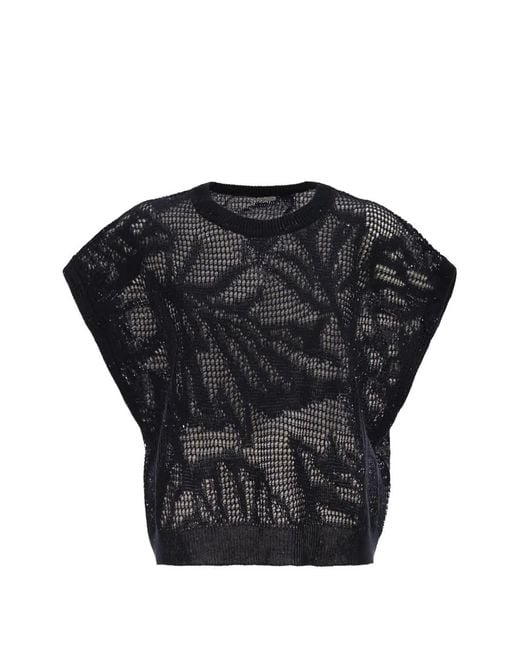 Brunello Cucinelli Black Crew-Neck Sequin Top