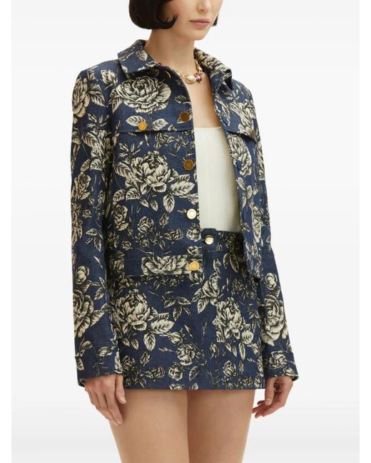 Oscar de la Renta Blue Rose-Print Denim Jacket