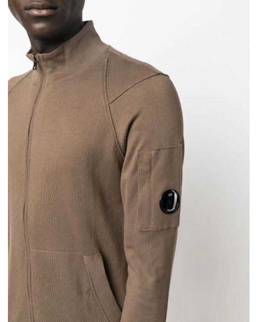 C P Company Brown Lens-Detail Zipped Cotton Cardigan for men