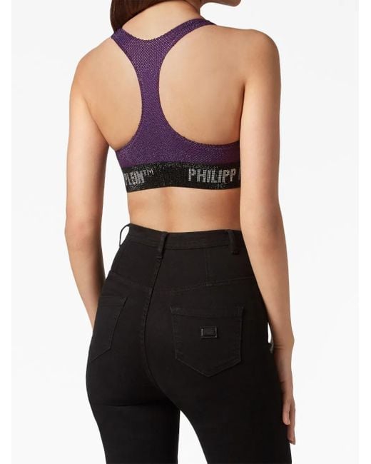 Philipp Plein Purple Rhinestone-Embellished Racerback Bra