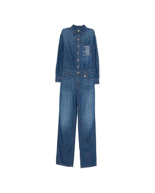 Elisabetta Franchi Blue Denim Jumpsuit With Lettering Detail