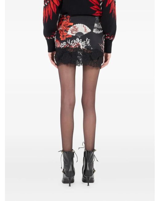Roberto Cavalli Black Spitzenrock Mit Drachen-Print
