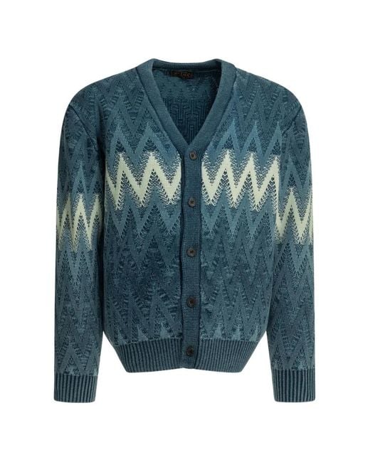 Beams Plus Blue Cardigan À Motif De Chevrons for men