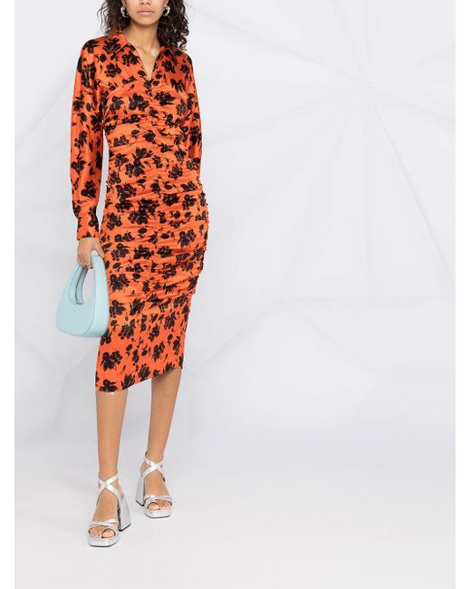 Ganni Silk Floral Print Ruched Dress In Orange Save 56 Lyst 