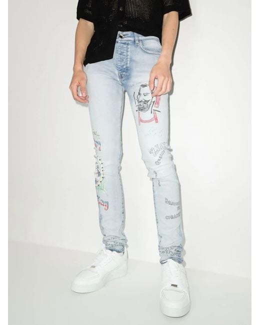 Amiri Blue X Zig Zag Motif-Print Skinny Jeans for men