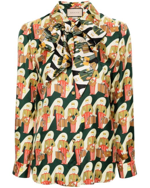 Gucci Green Porter-print Silk Shirt