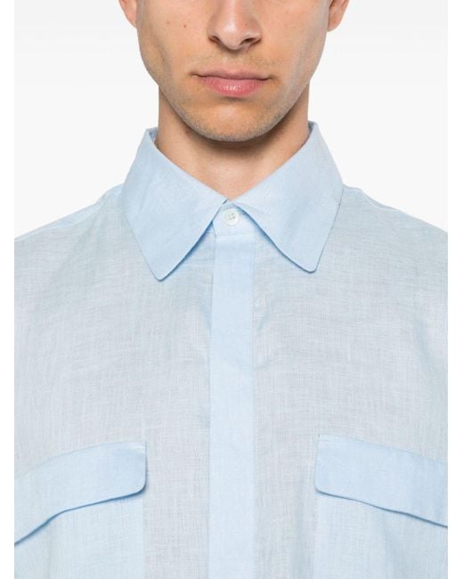 PT Torino Blue Long-sleeve Linen Shirt for men