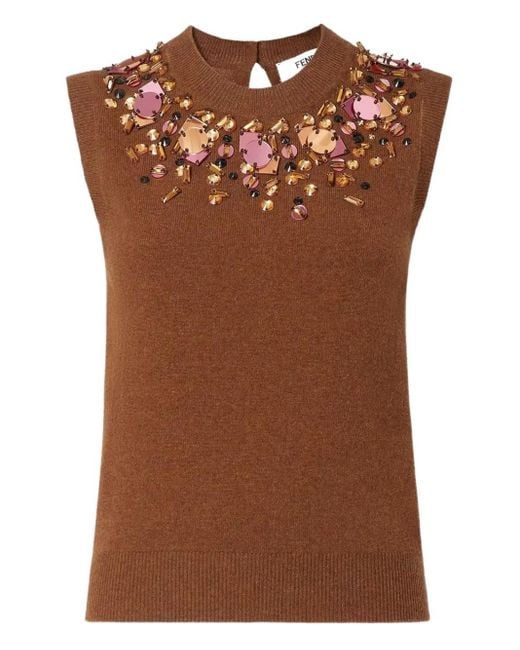 Fendi Brown Crystal-Embellished Sleeveless Knitted Top