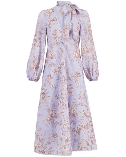 Zimmermann Purple Tie-Neck Linen Dress Midi