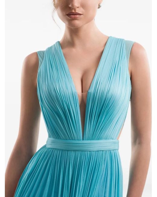 IMROSKA Blue Cupro Pleated Side-Slit Draped Maxi Dress