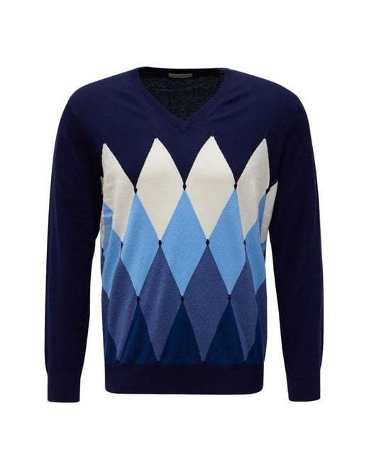 Ballantyne Blue Argyle-Intarsia V-Neck Sweater for men