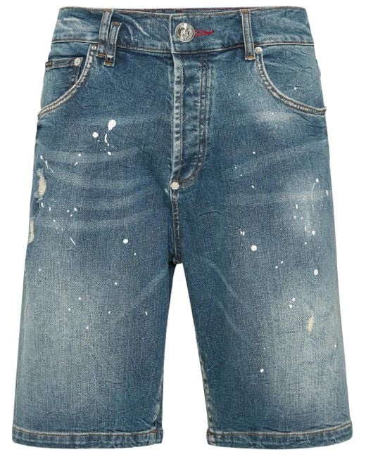Philipp Plein Blue Denim Shorts Formentera Skull for men