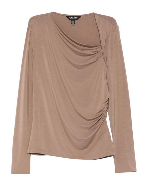 Ralph Lauren Brown Draped-detail Long-sleeve Top