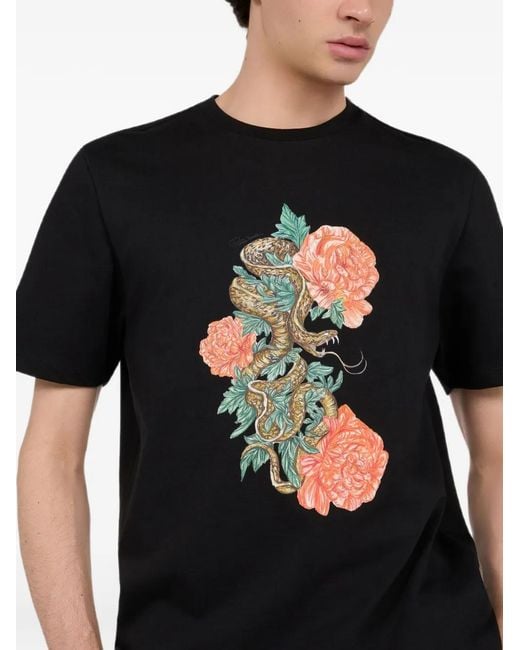 Roberto Cavalli Black Snake Floral-Print T-Shirt for men
