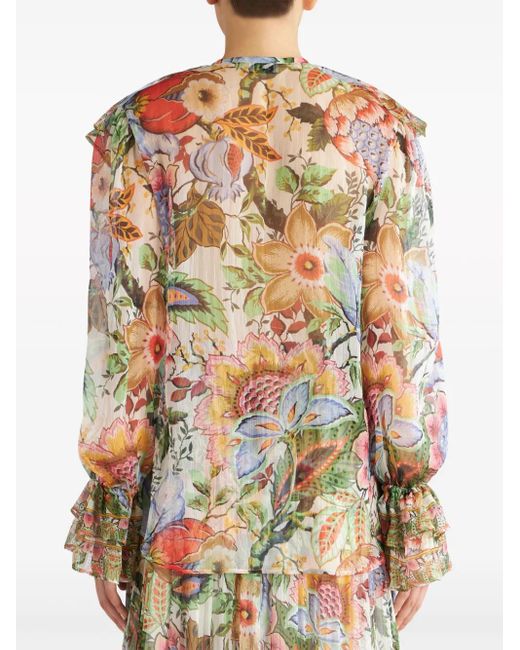 Etro White Gerüschtes Hemd Mit Blumen-Print