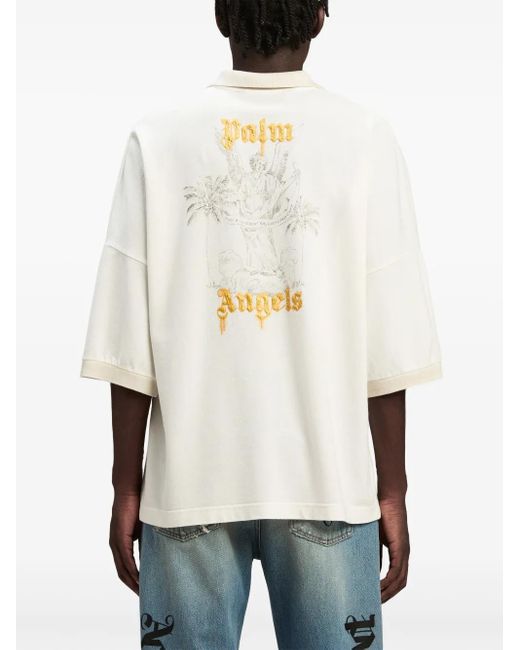 Palm Angels White Logo-Print Cotton Polo Shirt for men