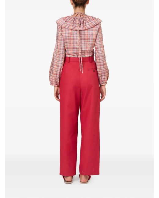 Rosie Assoulin Red Ruffled Plaid Blouse
