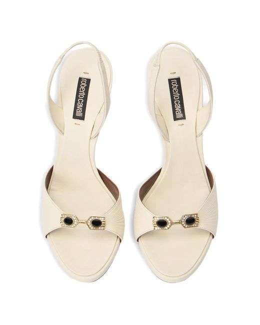 Roberto Cavalli White Jewel-Embellished Pleated Sandals