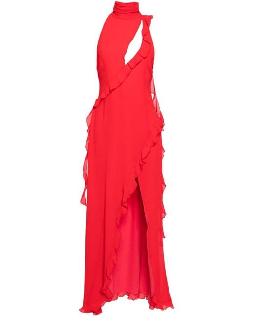 De La Vali Red Parfait Ruffled Maxi Dress