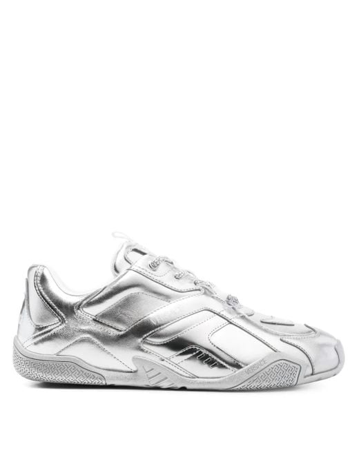 Versace White Metallic-Effect Logo-Print Sneakers for men