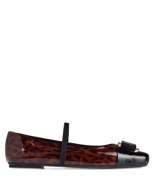 Ferragamo Brown Vara Plate Patent-Leather Ballet Flats