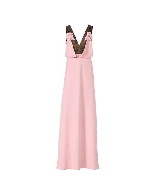 Costarellos Pink Janessa Lace Plunge-Neck Gown