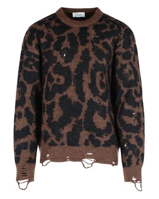 Laneus Black Leopard-Print Frayed-Trim Sweater for men