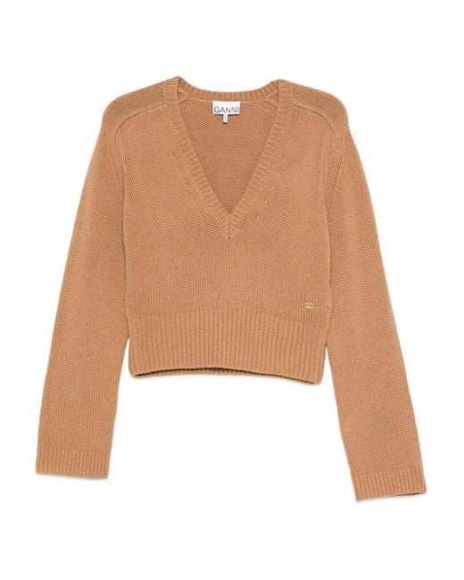 Ganni Natural V-Neck Wool Sweater