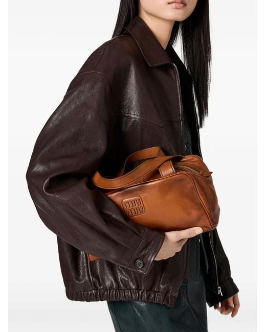 Miu Miu Brown Logo-Relief Regular-Fit Leather Jacket