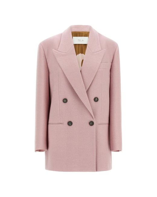 Tela Pink Nomade Herringbone-Weave Double-Breasted Blazer