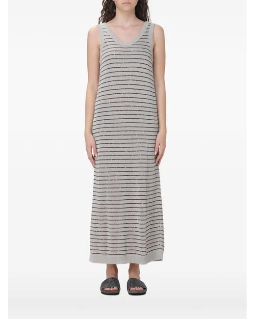 Brunello Cucinelli Gray Midi Striped Sequin-Embellished Dress