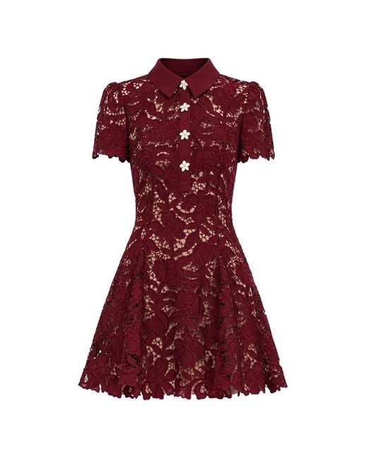 Self-Portrait Red Guipure-Lace Floral-Embellished Mini Dress
