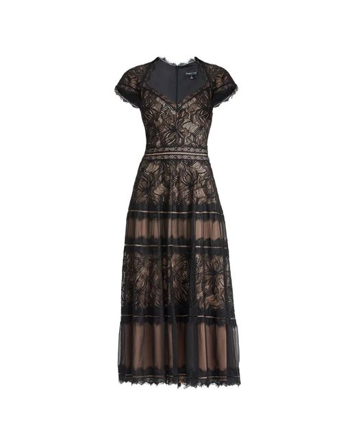 Tadashi Shoji Black Maelle Lace-Overlaid Tiered Midi Dress