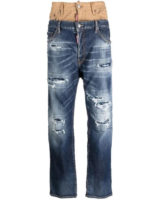 DSquared² Blue Double-Waist Distressed Jeans for men