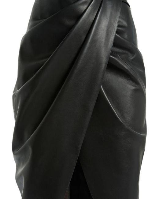 Balmain Black Draped Lambskin Midi Skirt