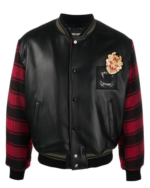 Roberto Cavalli Black Plaid-Sleeves Bomber Jacket for men