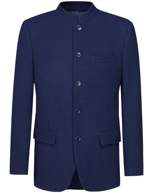 Shanghai Tang Blue Stand Up-collar Wool Blazer for men