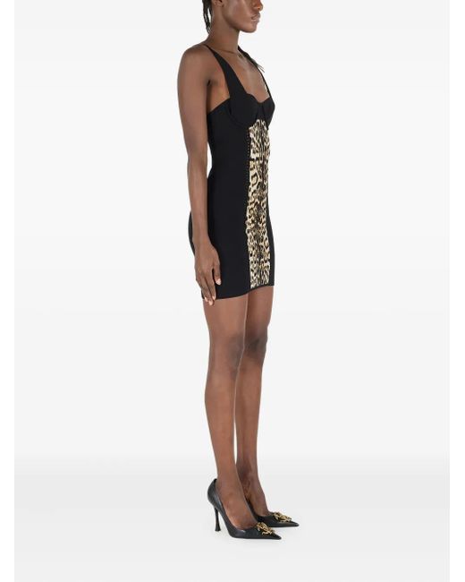 Roberto Cavalli Black Jaguar-Print Panelled Mini Dress