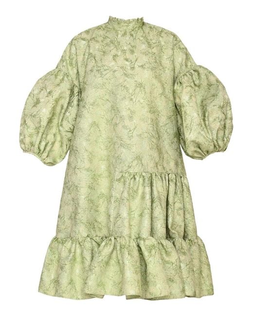 Anouki Green Puffed-Sleeve Tiered Dress