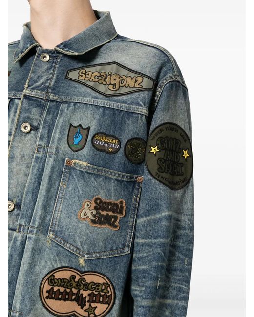 Sacai Blue Patch-Embellished Button-Up Denim Jacket for men