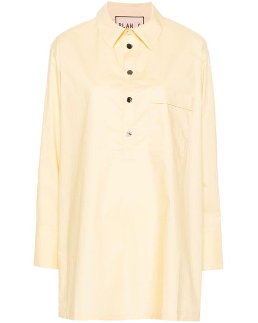 Plan C Natural Buttoned-side-slits Cotton Shirt