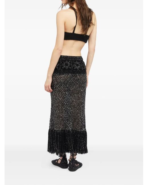 Alanui Black City Lights Sequin-Embellished Fringe Maxi Skirt