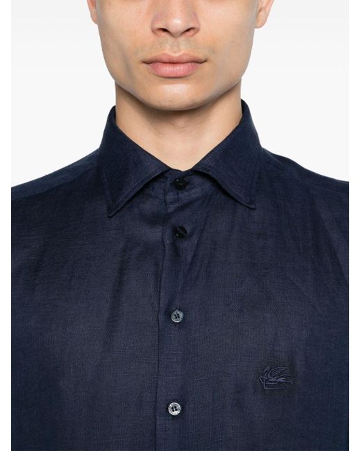 Etro Blue Pegaso-embroidered Linen Shirt for men