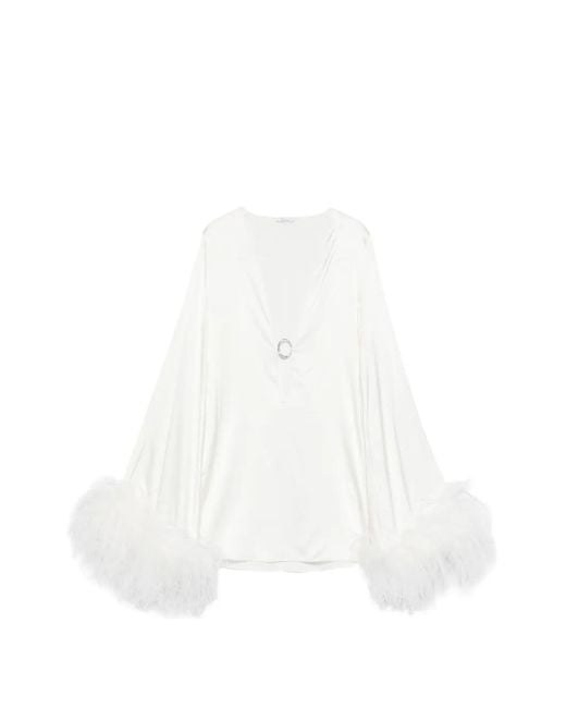 Oseree White Feather-Trim Mini Dress