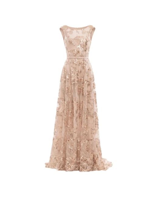 Saiid Kobeisy Natural Sequin-Embellished Embroidered Tulle Maxi Gown