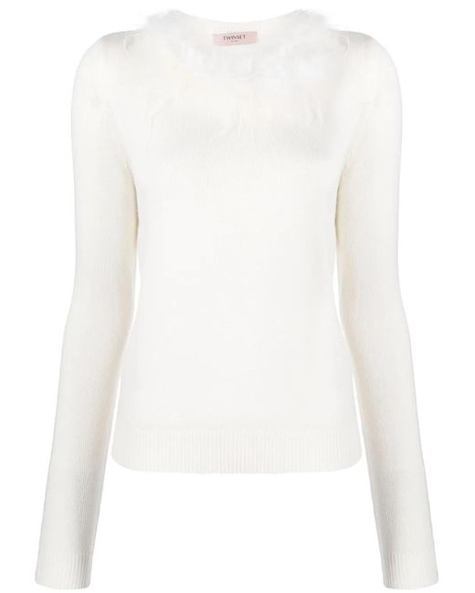 Twinset White Faux Fur-Trim Knitted Top