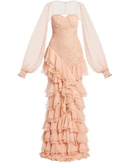 ZEENA ZAKI Pink Lace-Panel Gown