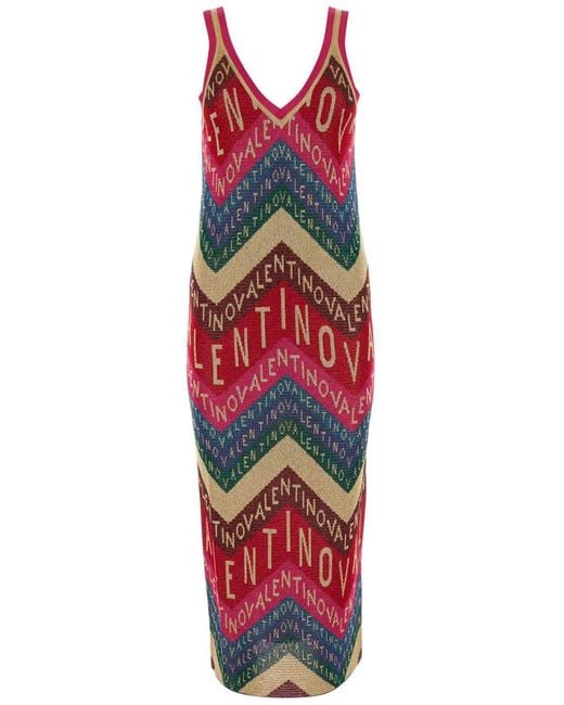 Valentino Garavani Red Chevron Lurex Dress