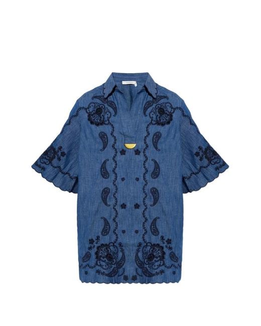 Zimmermann Blue Embroidered Denim Mini Dress