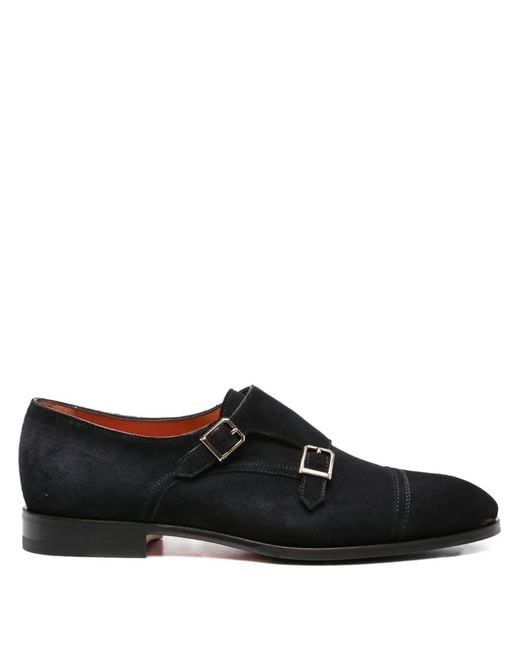Santoni Black Double-Buckle Suede Monk Shoes for men